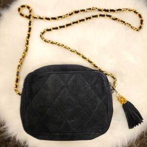 Quilted suede and chain crossbody bad
